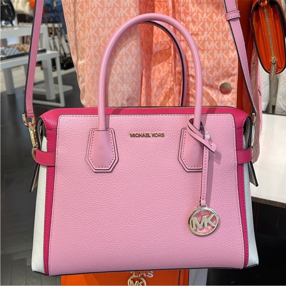 MICHAEL KORS Mercer Md Top ZipColor-Block Belted Satchel Crossbody Purse El Pink - Picture 3 of 16